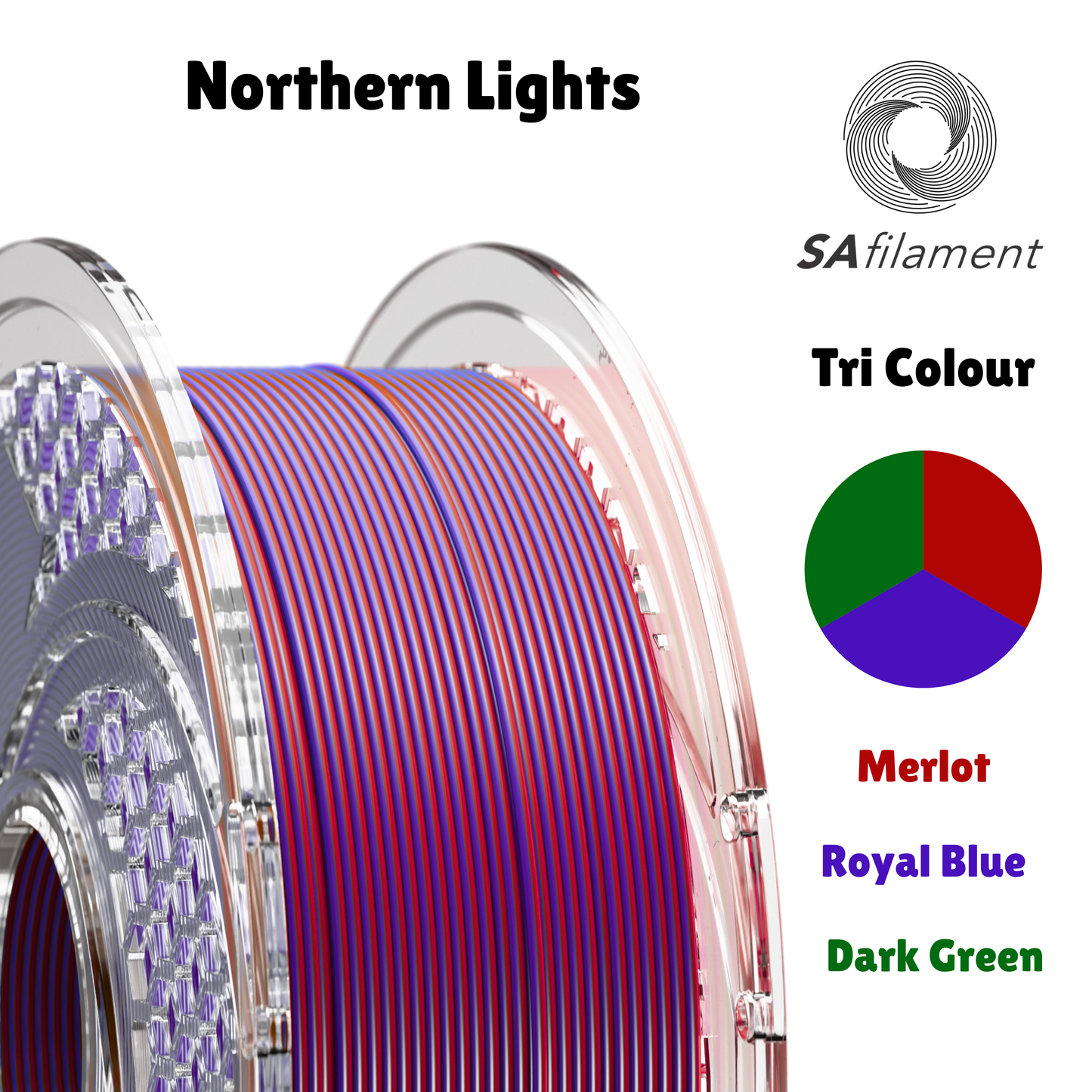 SA Filament SILK PLA+ Tri Color Filament Northern Lights (Royal Blue & Merlot & Dark Green) 750g